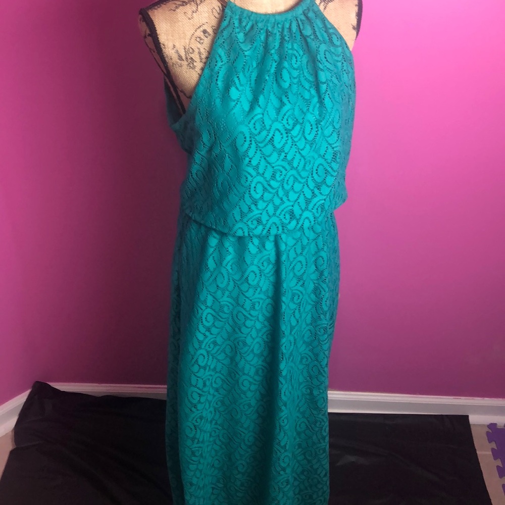 Bisou Bisou teal floor length halter dress - Picture 1 of 8